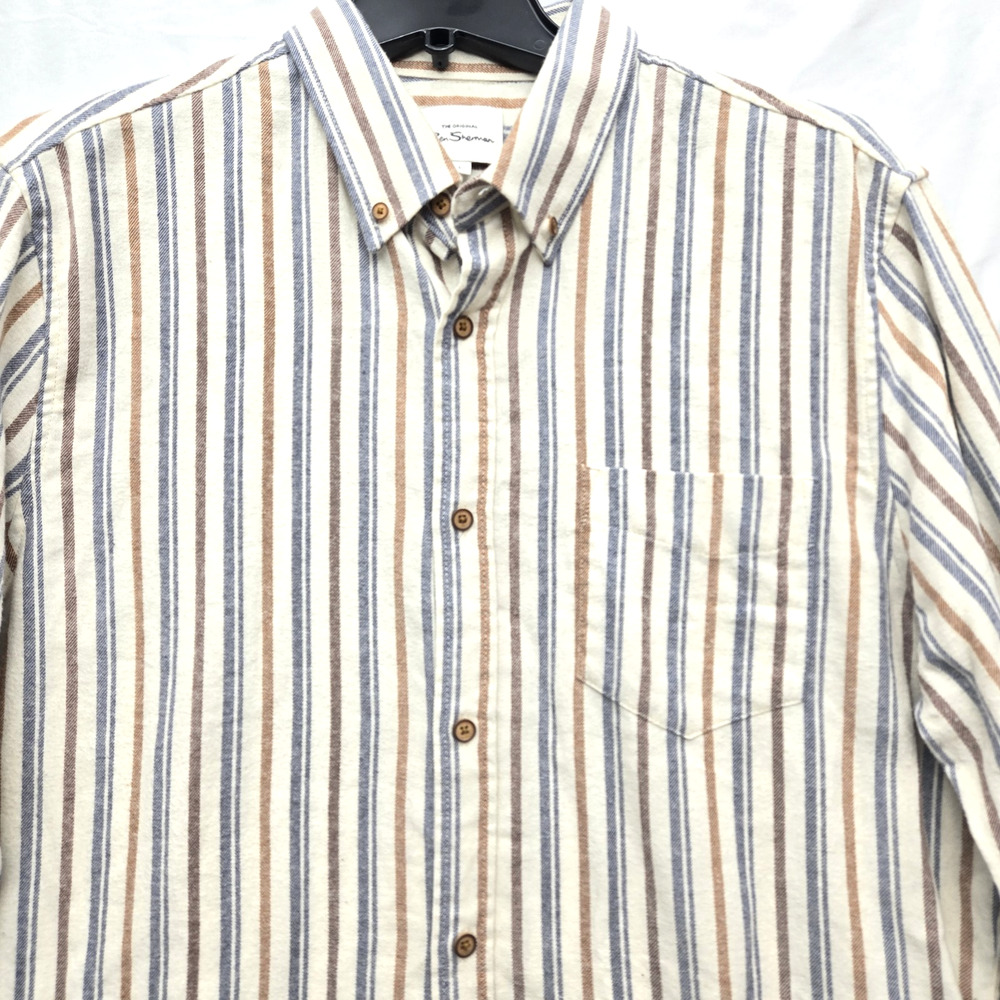 Ben Sherman Brushed Mod Stripe Long Sleeve Button-Down Shirt Ivory Mens L